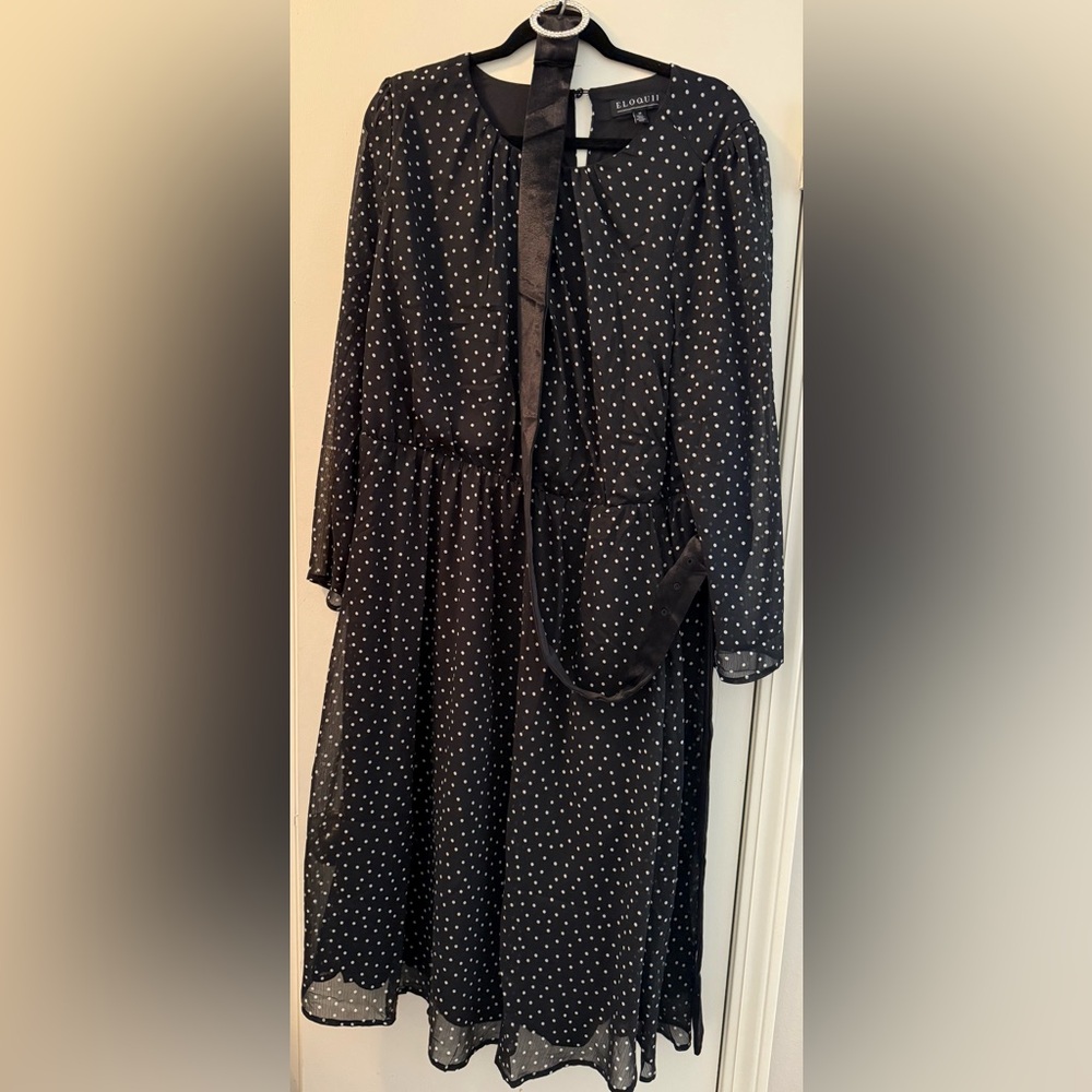 Eloquii Black & White Polkadot Dress with Velvet Belt Rhinestone Embellishment